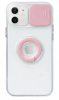 Capa Iphone 11 6.1  SLIDE CAM Silicone Transparente com Anel Rosa